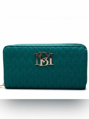 Badgley Mischka Teal Quilted Zip-Around Wallet with Metal Monogram